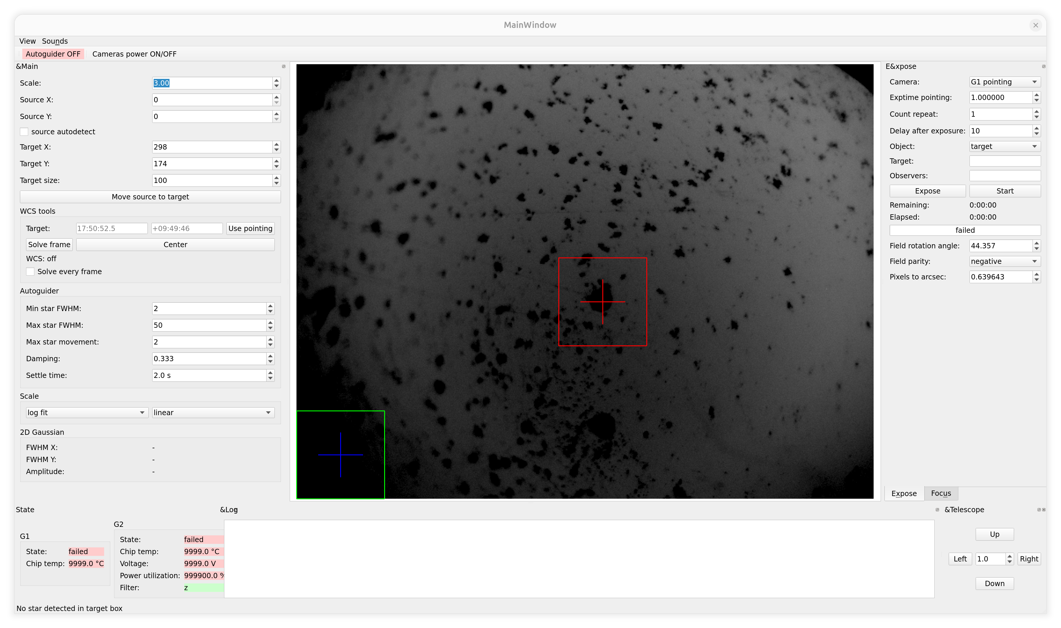 The fiber pointing client: pointing camera image with a red target box, WCS tools panel and exposure panel