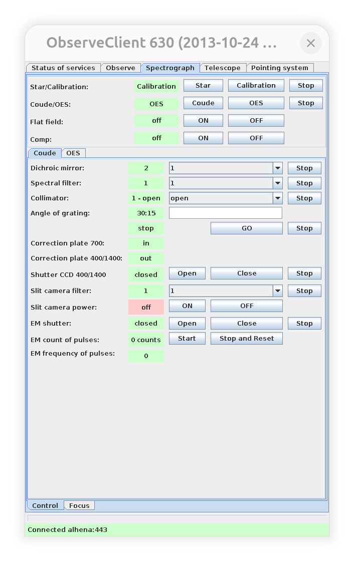 ObserveClient 630 on the Spectrograph tab, showing the Spectral filter control