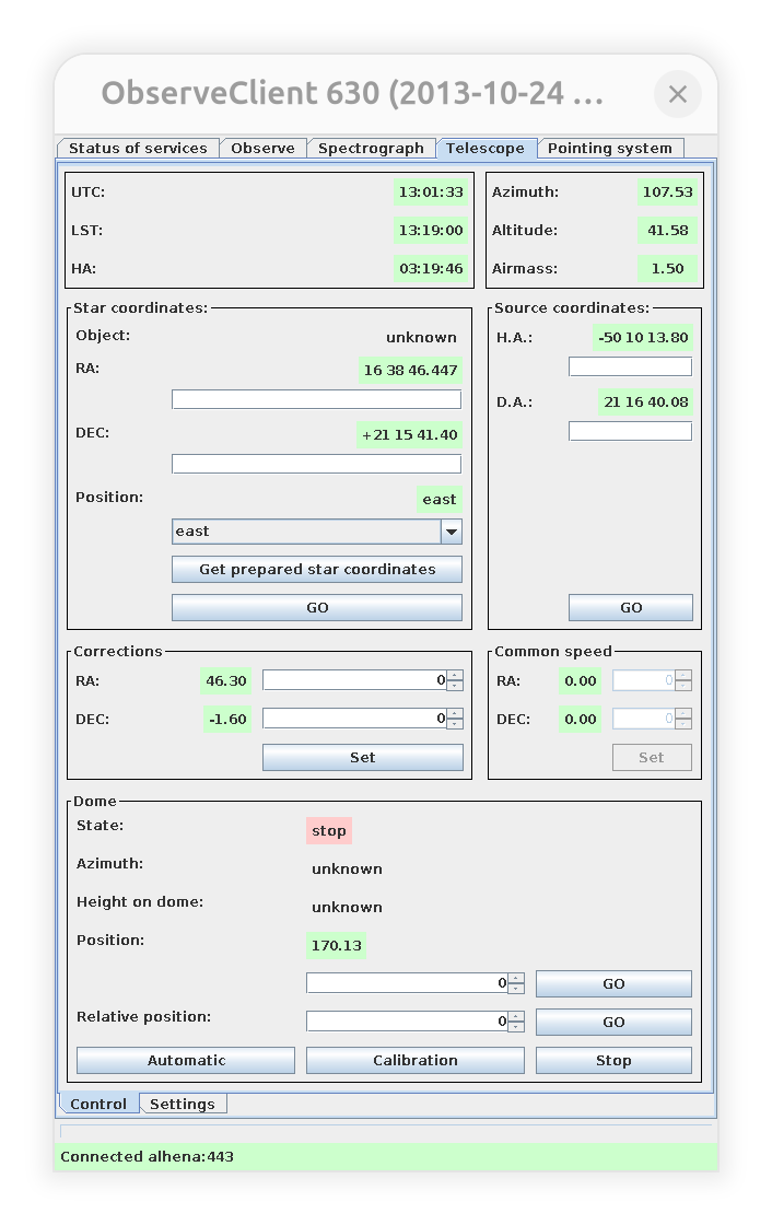 ObserveClient 630 on the Telescope tab, showing star coordinates, Get prepared star coordinates and GO