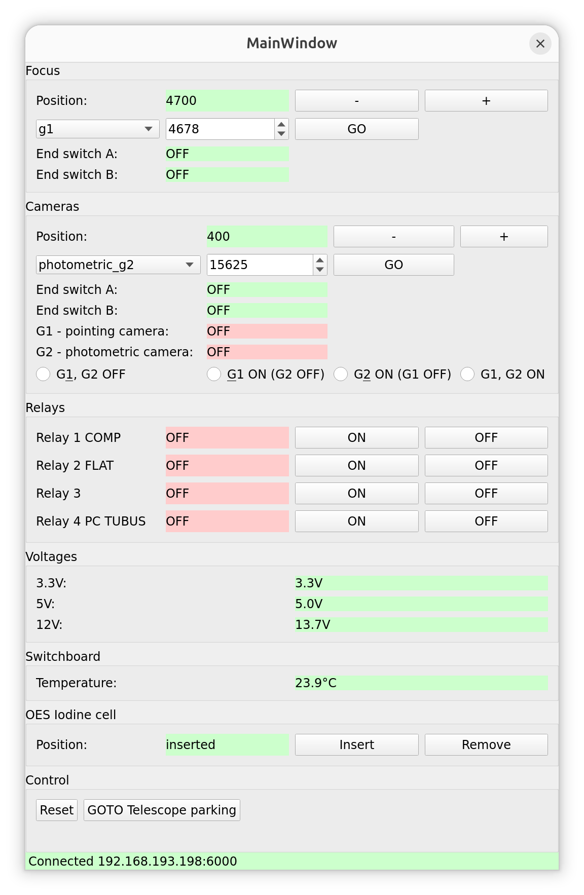 The TOPTEC MainWindow showing Focus, Cameras, Relays and status sections